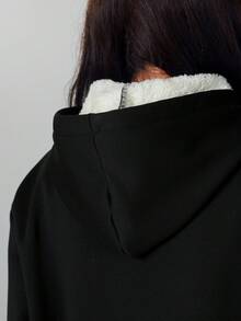 女士连帽长袖简约抓绒休闲上衣，适合日常穿着，冬季款 - 黑色 - 查看 4