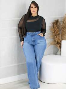 Women's Wide Leg Plus Size Jeans With Belt - Blue - View 1
