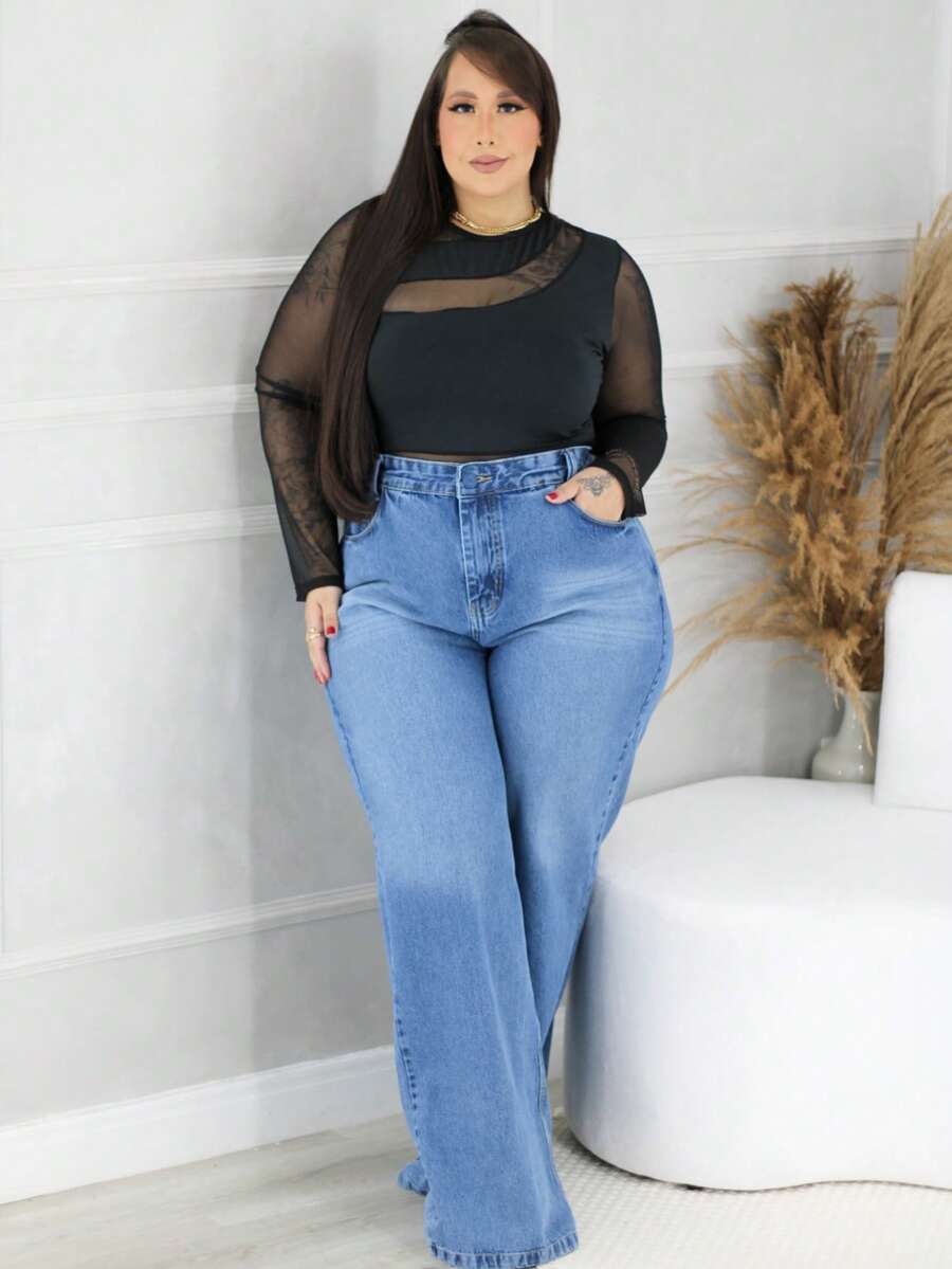 Women's Wide Leg Plus Size Jeans With Belt - Blue - View 1