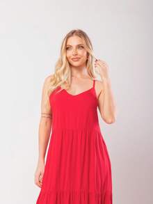 Women's Long Viscose Dress With Adjustable Straps - 紅色 - 查看 3