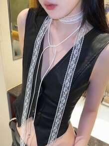 多层蕾丝丝带细长围巾项链，带领口设计，适合春夏季节 - 彩色 - 查看 12