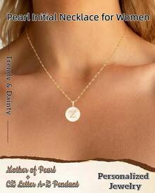 Gold Mother Of Pearl Initial Necklace Women 14K Gold Plated Cubic Zirconia Initial Letter A-Z Pendant Women Jewelry Gifts - 黃金Z - 查看 9