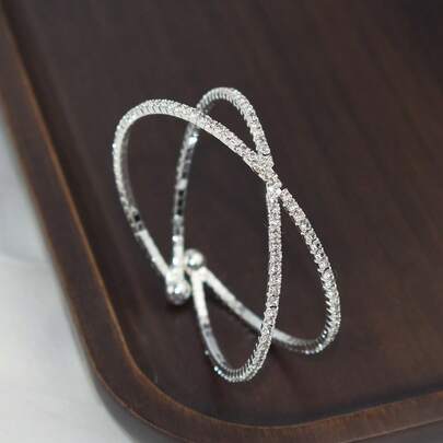 سوار عروس بسيط مفتوح بتصميم متقاطع ثلاثي الأبعاد مرصع بالكامل بالراين، سوار زفاف بلوري