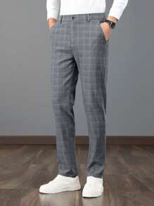 Men Plaid Slant Pocket Suit Pants - Grey - View 2