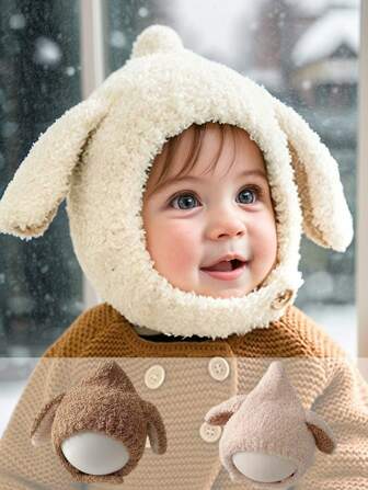1PC Cute Kids Girl Boys Baby Hats Fleece Wool Hemming Caps With Rabbit Ears Caps Toddler's Fleece Ear Ion Hats Soft Newborn Bonnet