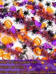 200cm Halloween Tinsel Garland With Orange Pumpkins, Black Spiders & Purple Bats - Shiny Metallic Twist Garland For Indoor/Outdoor Party Decorations, Home & Tree Decoration, Halloween Decorations