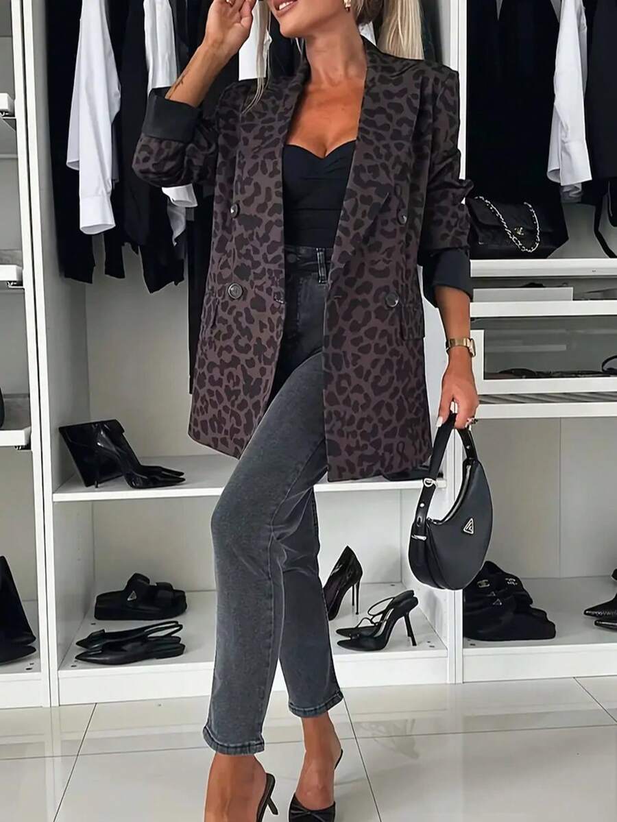 Women Loose Casual Fashionable Leopard Print Blazer Jacket, Leopard All-Over Print, Double-Breasted Buttons, Pockets, Suitable For Daily Office Wear, Autumn/Winter