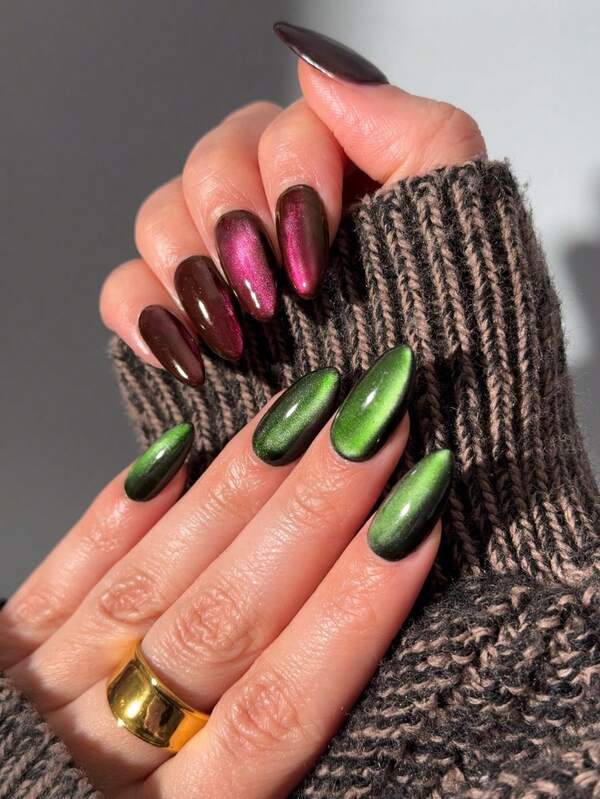 VV MEI JIA ER 24pcs Press-On Acrylic Nails Tips, Dark Red And Green Duotone Crystal Cat'S Eye Fake Nail Medium Long Almond Glitter Fake Nails Fully Covered, Acrylic Nail Suppliers Press Fake Nails For Women And Girls & 1sheet Tape & 1pc Nail File