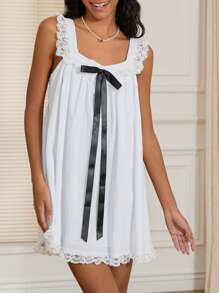 Women Mini Dress Lace Trim Fly Sleeve Bowknot Embellished Short Dress Summer Fashion Casual Dress