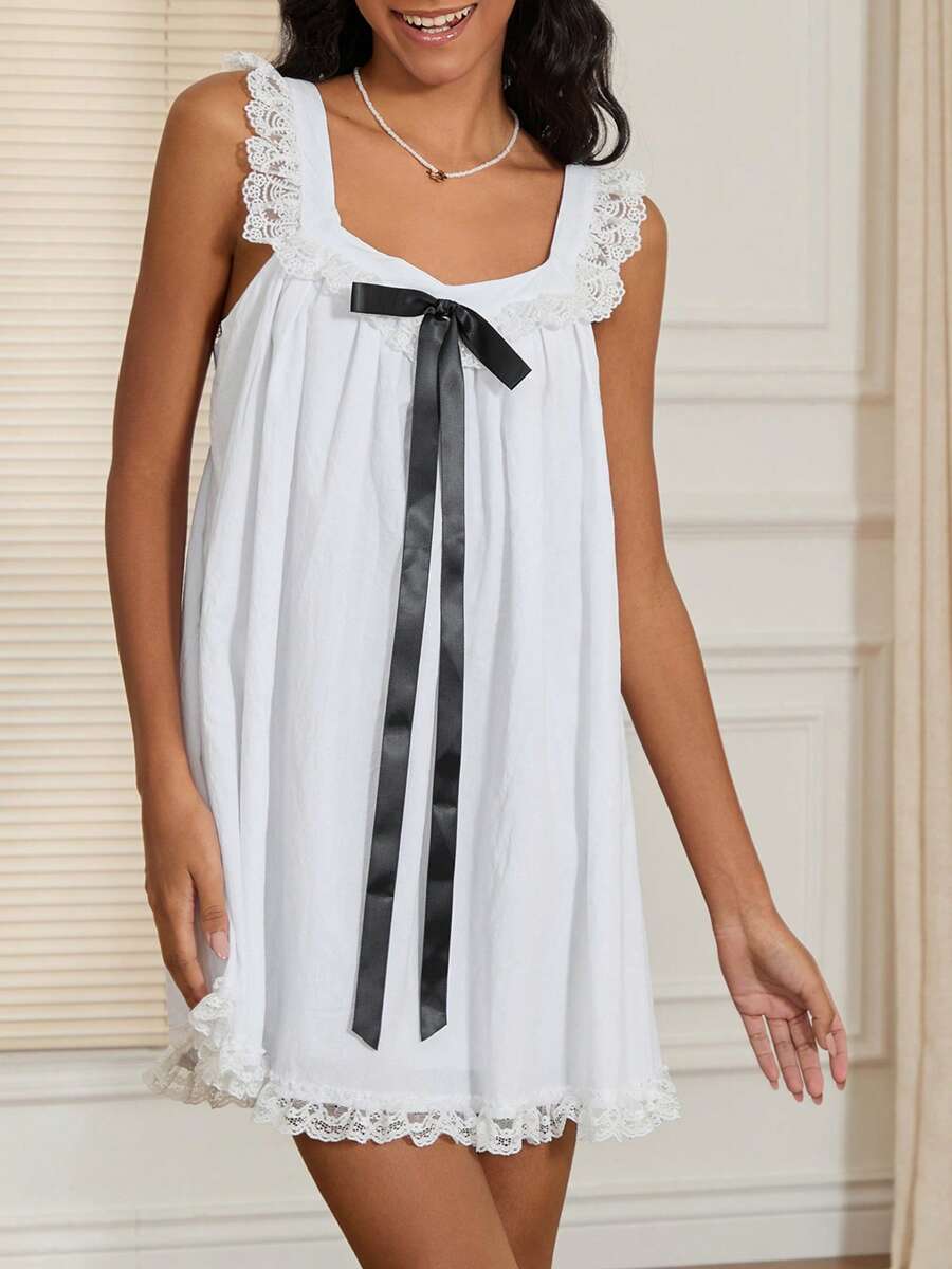 Women Mini Dress Lace Trim Fly Sleeve Bowknot Embellished Short Dress Summer Fashion Casual Dress