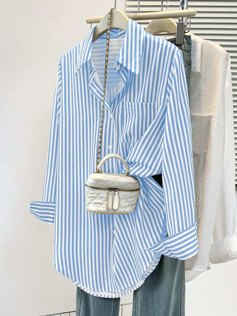 女士休闲基本款条纹尖领长袖衬衫上衣，带纽扣口袋，日常办公室穿着秋冬春装​ - 藍色 - 查看 1