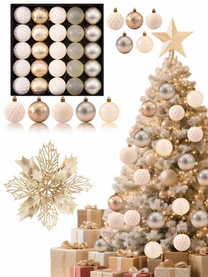 25pcs Golden Christmas Balls Tree Ornaments Set,Xmas Decorations Balls For Xmas Tree,Shatterproof Christmas Balls Ornaments,Plastic Decorative Baubles Set,Xmas Hanging Ball For Tree Holiday Wreath Garland Decor