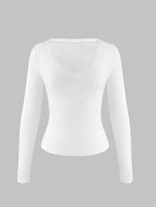 XLLAIS 2025 秋季女装性感 V 领 T 恤返校长袖休闲弹力基本款白色上衣