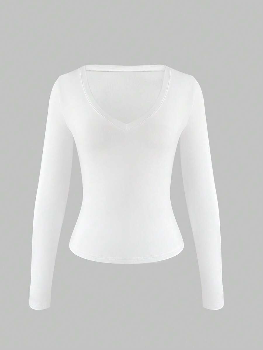 XLLAIS 2025 秋季女装性感 V 领 T 恤返校长袖休闲弹力基本款白色上衣