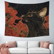 A Tapestry Featuring An Asian Ukiyo-E Style Cat Amidst Clouds And Waves, Complete With Additions, Perfect For Decorating Walls In Homes, Dorms, Or Bedrooms - 1PC - 查看 5