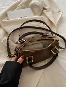 Tas Tangan Mewah untuk Wanita, Tas Genggam Silinder Bulat Serbaguna dan Modis Terbaru, Tas Selempang Bahu dengan Penutup Resleting, Tas Boston Kulit PU Warna Kontras - Coffee Brown - View 7