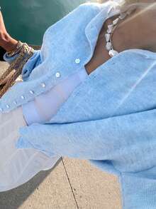 Women Y2k Crew Neck Cardigan Sweater Long Sleeve Button Down Solid Color Top Fall Casual Vintage Lightweight Knitwear - 淺藍色 - 查看 6