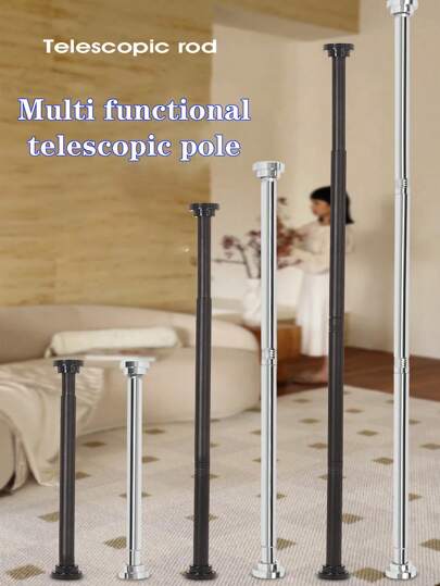 1pc Super Long No Drill Installation Stainless Steel Tension Curtain Rod, 2.5CM Diameter, Black/Silver Curtain Rod, Wardrobe Hanging Rod, Retractable Rod, Clothesline, No Drilling Required, Stainless Steel Material, Easy Installation, Multi-Functional For Bedroom, Balcony, Wardrobe, Outdoor Clothesline, Suitable For Bathroom, Window, RV, Living Room, Bedroom - Tension Rod For Curtains, Closets, Etc.