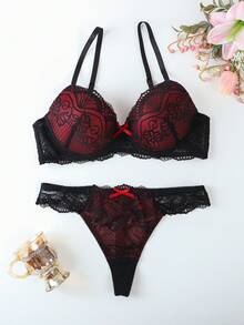 2 peças de sutiãs push-up sensuais de renda, sutiãs com aro anti-flacidez - Preto - Ver 3