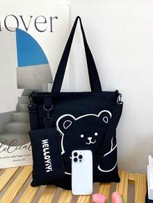 帆布手提包，卡通印花，适合学生，单肩包，斜挎包，多功能，大容量背包 - 黑色 - 查看 2