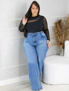 Women's Wide Leg Plus Size Jeans With Belt - Blue - View 2