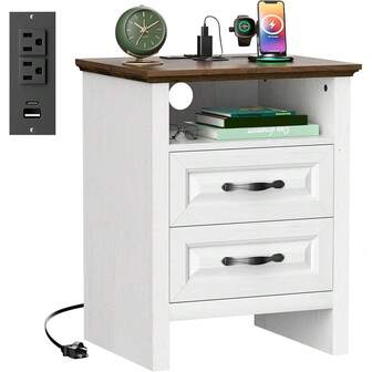 Nightstand  Charging Station, Farmhouse Bedside Table  2 Drawers And Open Shelf, Bedside Storage Cabinet For Bedroom, Rustic End Side Table, Wood WhiteRustic Wood White 1 PackWood White