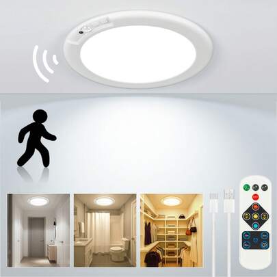Rechargeable Ceiling Light, No Wiring Battery Operated Ceiling Light With Remote, Motion Sensor Dimmable Timing Motion Activated Overhead Shower Light For Bathroom Pantry Hallway Porch