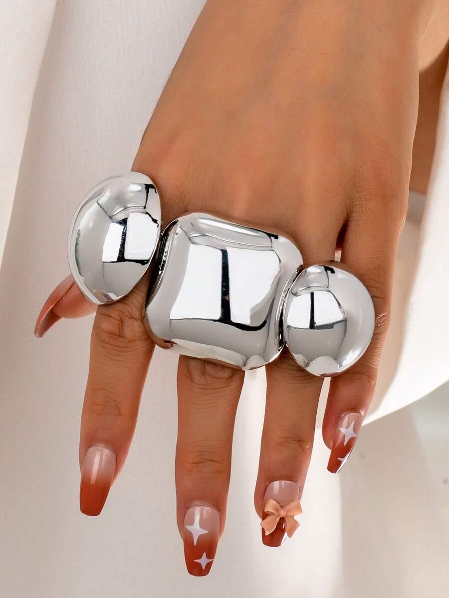 3 件银色球形设计粗戒指套装，适合女士，时尚几何超大个性戒指首饰，适合日常佩戴、派对 - 銀色 - 查看 1
