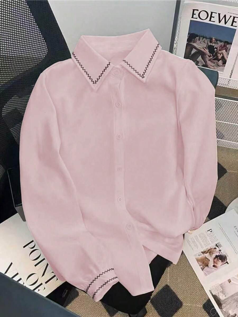 Women's Casual Contrast Color Trim Long Sleeve Shirt, Autumn - Pink - View 1