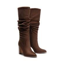 Botas altas para mujer de puntera puntiaguda, tacón grueso y bloque, de ante, con cremallera lateral, cómodas y de moda, estilo holgado, para otoño/invierno - Marrón Chocolate - Ver 6