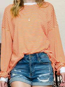 Damen Lässig gestreifter Farbblock Pullover, modisch locker sitzender Strick-Top für den Herbst - Orange - Übersicht 3