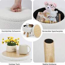 Round Teddy Boucle Storage Ottoman Foot Stool, Soft Sponge Foot Rest With Wooden Legs, Small Upholstered Storage Bench For Entryway, Bedroom, Living Room & Couch - White - View 5