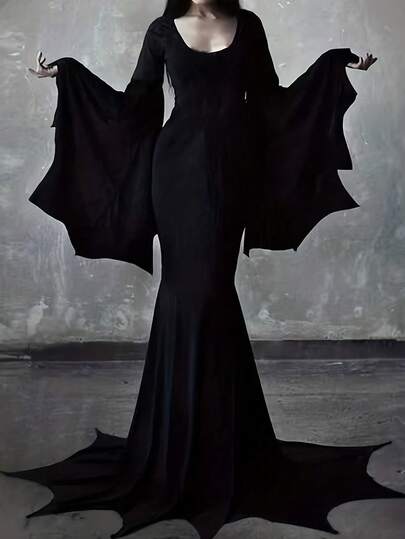 1 pieza Vestido largo de bruja gótica con mangas de murciélago, hombros descubiertos y cola de pez, vestido largo gótico de bruja con bajo asimétrico y cuello puntiagudo, disfraz para fiesta y actuación