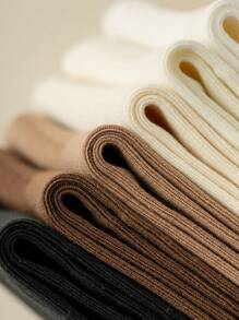 1/6 Pairs Women Melon Color Solid Cuffed Simple Versatile Comfortable Elastic Casual Socks, Suitable For Home, Spring/Autumn/Winter, Thermal Lined Mid-Calf Socks