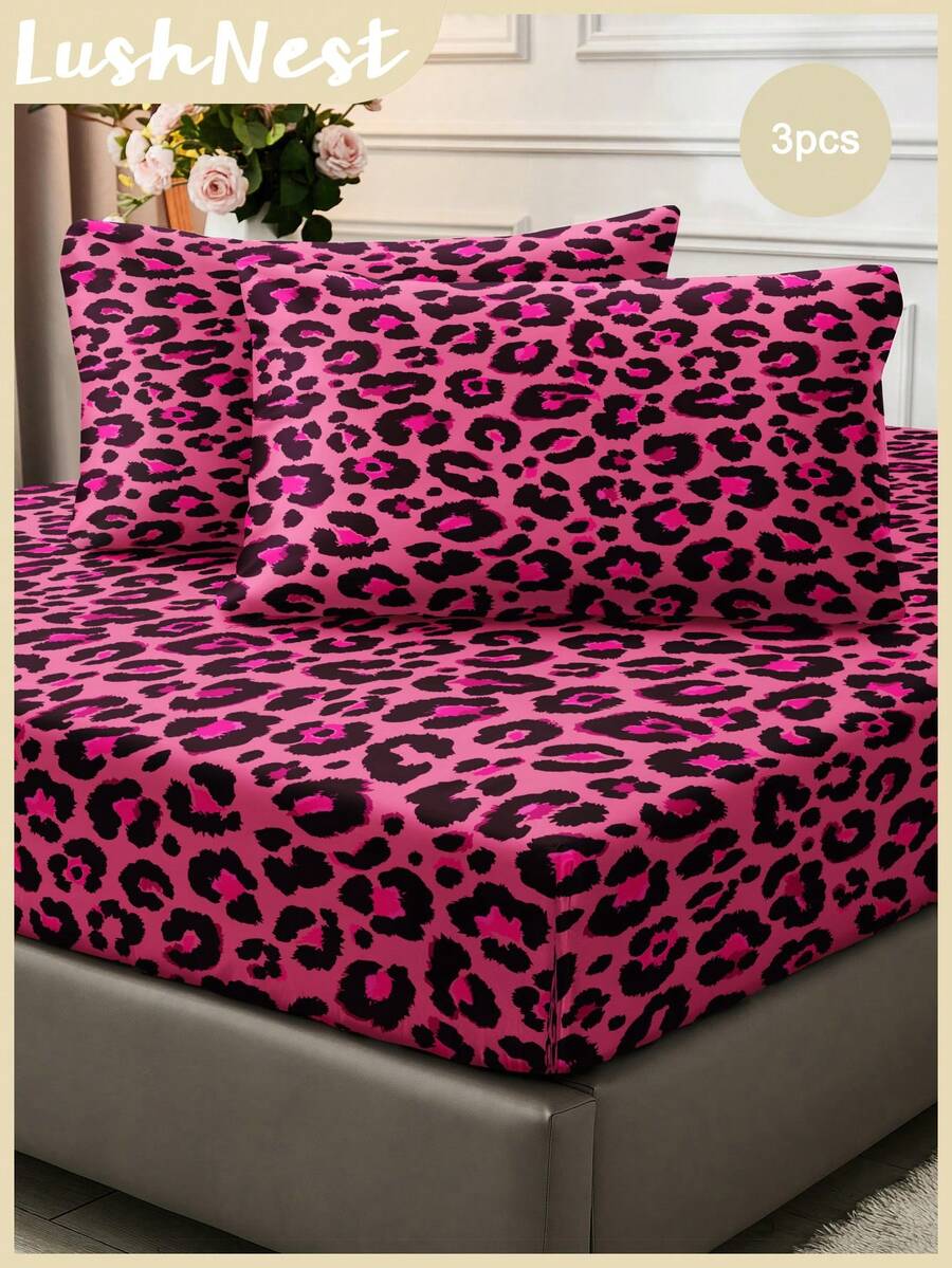 Leopard Print Bedsheet And Pillowcase Set, Bright Pink And White Contrast Color Bedding Set, Bohemian Farmhouse Style 3 Pieces Set, Soft Microfiber, Retro Style, Unisex, Includes 1 Bedsheet And 2 Pillowcases, No Comforter, Lightweight Bedding, Suitable For Spring/Summer Bedroom