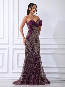 Elegant Purple Mermaid Sequined Strapless Beaded Long Fitted Evening Gown, Suitable For Parties - Purple - View 5