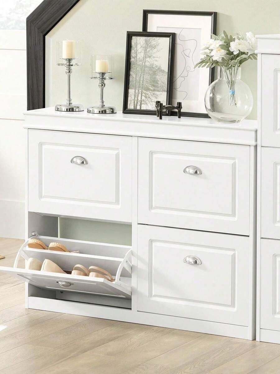 SoBuy Shoe Cabinet With 4 Flaps, Shoe Rack, Shoe Tipper With 8 Storage Compartments, Shoe Chest, Shoe Storage, White, BHT Approx. 105x82x24cm, FSR79-W - 白色 - 查看 1