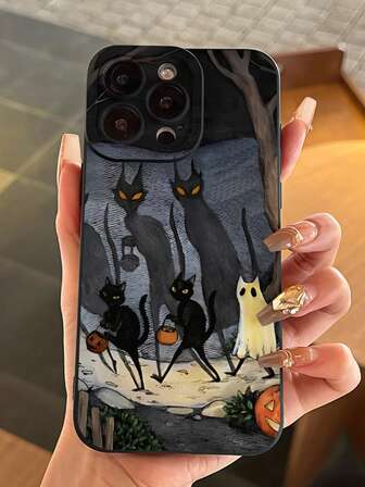 1pc Halloween Themed Phone Case, Ghost Pumpkin Pattern Phone Cover, Black TPU Full Coverage Camera Protection Phone Case Compatible With IPhone 16PM, 11, 12PM, 13Pro, 14, 15Plus, 15Pro Max, Suitable As Halloween Gift For Friends Waterproof Shockproof Anti-Fall Scratch Resistant