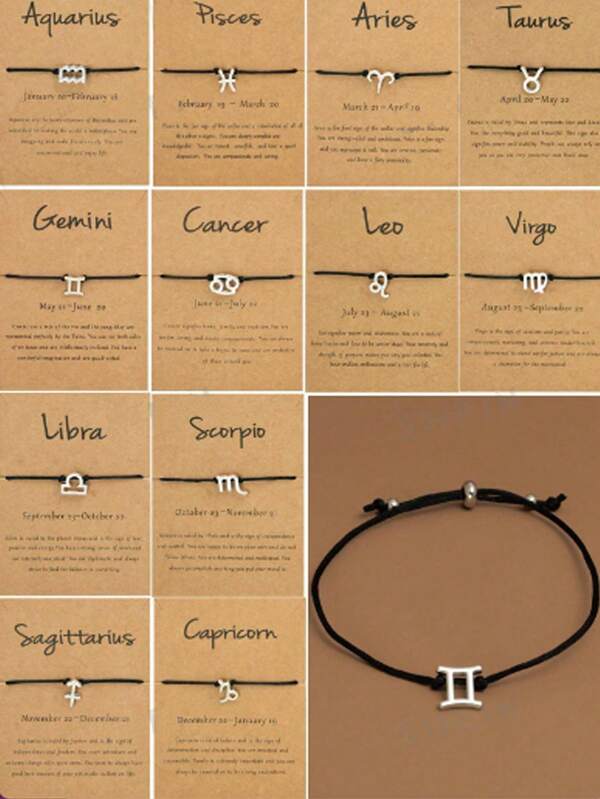 1pc Adjustable Black Cord Bracelet With 12 Zodiac Sign Cards