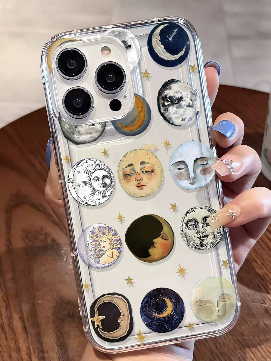 1pc Face & Moon Graphic Aesthetic Pattern Transparent TPU Shock-Absorbing Anti-Fall Anti-Fingerprint Phone Case, Compatible With Iphone Waterproof Scratch Resistant - Multicolor - View 1