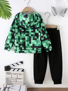 2pcs/Set Boys' Mosaic Plaid Print Long Sleeve Hoodie Sweatshirt + Mosaic Plaid Print Patchwork Solid Color Pants, Autumn/Winter - Green - View 2
