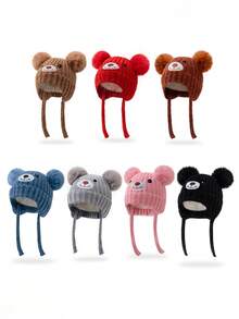 1顶儿童针织帽，带熊耳朵和双绒球，冬季保暖护耳，适合婴幼儿 - 1PC - 查看 2