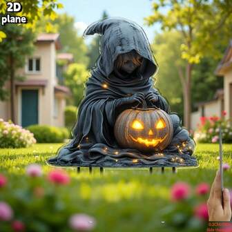 1pc Halloween Decoration - Ghost Witch Design With Pumpkin, Large Pumpkin Lantern Base, No Power Needed, Easy Ground Stake Installation - Outdoor/Indoor Yard, Garden, Party Decor - Perfect Halloween Gift For Home, Graveyard Or Tombstone Display - Durable Plastic Material, Halloween Accessory, Outdoor Decor, Eerie Garden Ornament, Long-Lasting, Home Decor, Graveyard Decor, Boho Style, Long-Lasting Decoration, 2D Flat