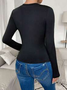 1 件秋冬保暖内衬圆领长袖女式修身休闲运动瑜伽分层上衣 - 黑色 - 查看 3