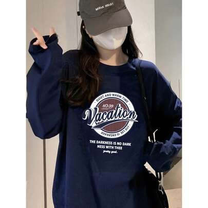 레터 그래픽 프린트 긴소매 라운드넥 티셔츠, 캐주얼 루즈핏 버서타일 여성용 탑, 가을