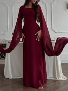 优雅时尚披肩袖宫廷风修身连衣裙，适合毕业典礼、婚礼等场合，高端优雅长袖斗篷式性感修身优雅长袖连衣裙，酒红色，春季必备 - 酒紅色 - 查看 8