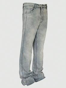 Quần jeans ống loe phong cách đường phố, kiểu dáng đơn giản, thiết kế ống loe, quần ống đứng đa năng, có nút và khóa kéo, thích hợp làm quà tặng cho chồng hoặc bạn trai - Màu xanh lam - Xem 4