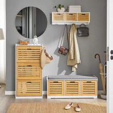 SoBuy FSR23 Modern Shoe Chest With Baskets (Grey) Bench Shoe Cabinet With Seat Cushion Toy Chest White With Grey - 白色+卡其色 - 查看 3