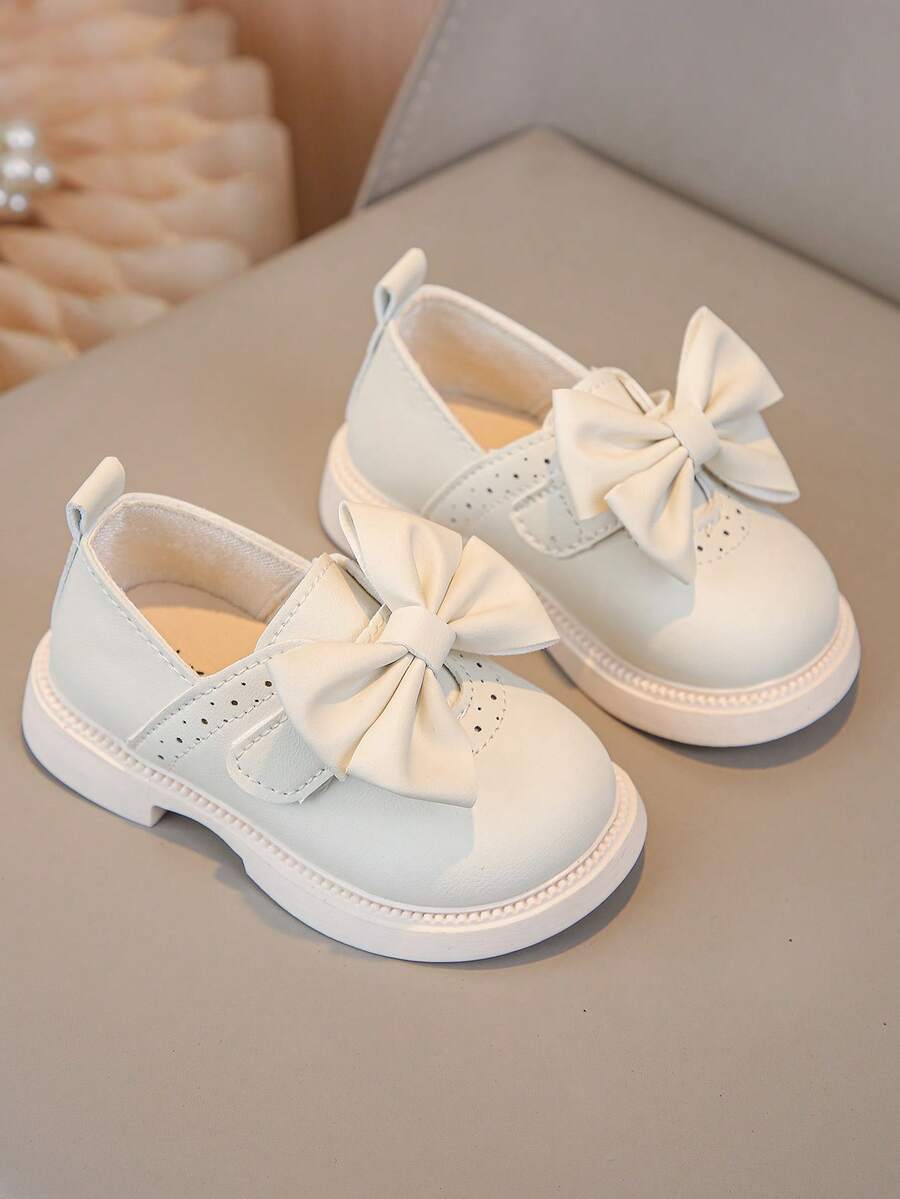 1 Pair Girls' Beige Bow Decor Princess Style Fashion Flat Shoes, Suitable For Back To School, Elementary Students - Beige - View 1