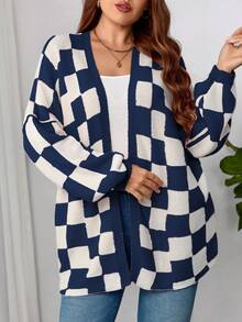 Plaid Round Neck Casual Long Sleeve Plus Size Knit Cardigan - Royal Blue - View 2